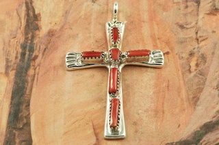 Beautiful Cross Pendant featuring Genuine Red Coral set in Sterling Silver.  Free 18